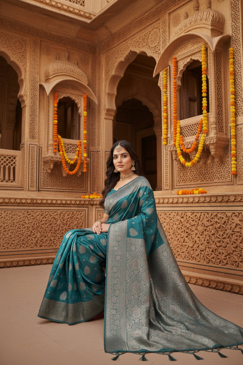 Women's Silk Blend Printed Saree With Unstitched Blouse 5.5Mtr (Sea Green)