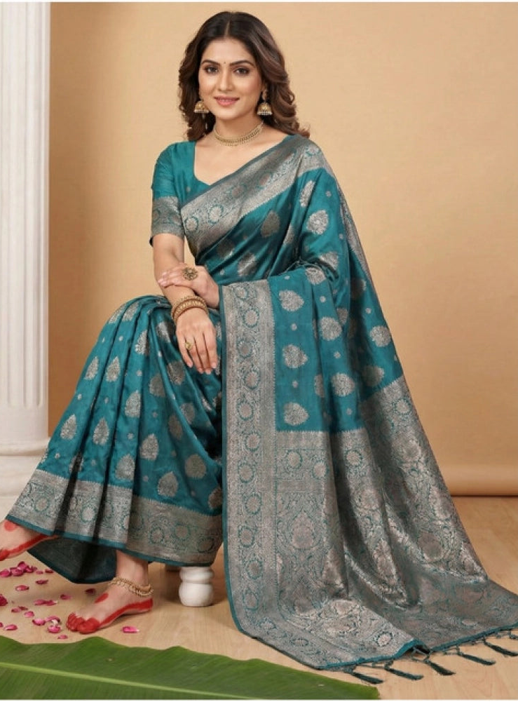 Women's Silk Blend Printed Saree With Unstitched Blouse 5.5Mtr (Sea Green)