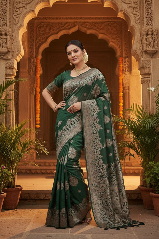 Women's Silk Blend Printed Saree With Unstitched Blouse 5.5Mtr (Dark Green)
