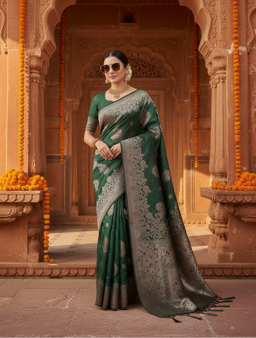 Women's Silk Blend Printed Saree With Unstitched Blouse 5.5Mtr (Dark Green)
