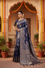 Load image into Gallery viewer, Women's Silk Blend Printed Saree With Unstitched Blouse 5.5Mtr (Navy Blue)
