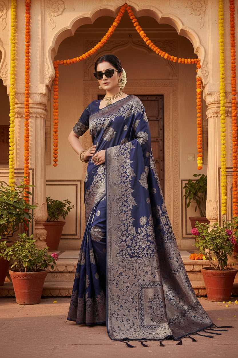 Pid 65253 women s silk blend printed saree with unstitched blouse 5 5 mtr navy blue 1 1000x1000_1