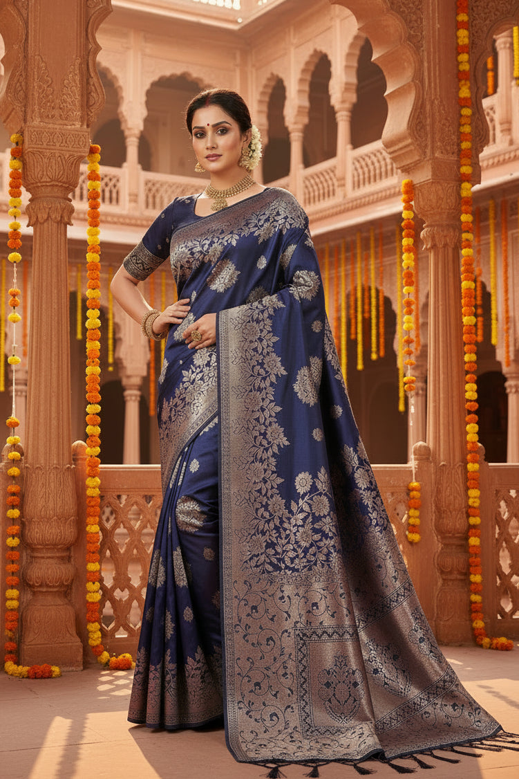 Women's silk blend printed saree with unstitched blouse 5