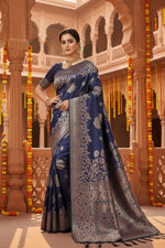 Load image into Gallery viewer, Women's Silk Blend Printed Saree With Unstitched Blouse 5.5Mtr (Navy Blue)

