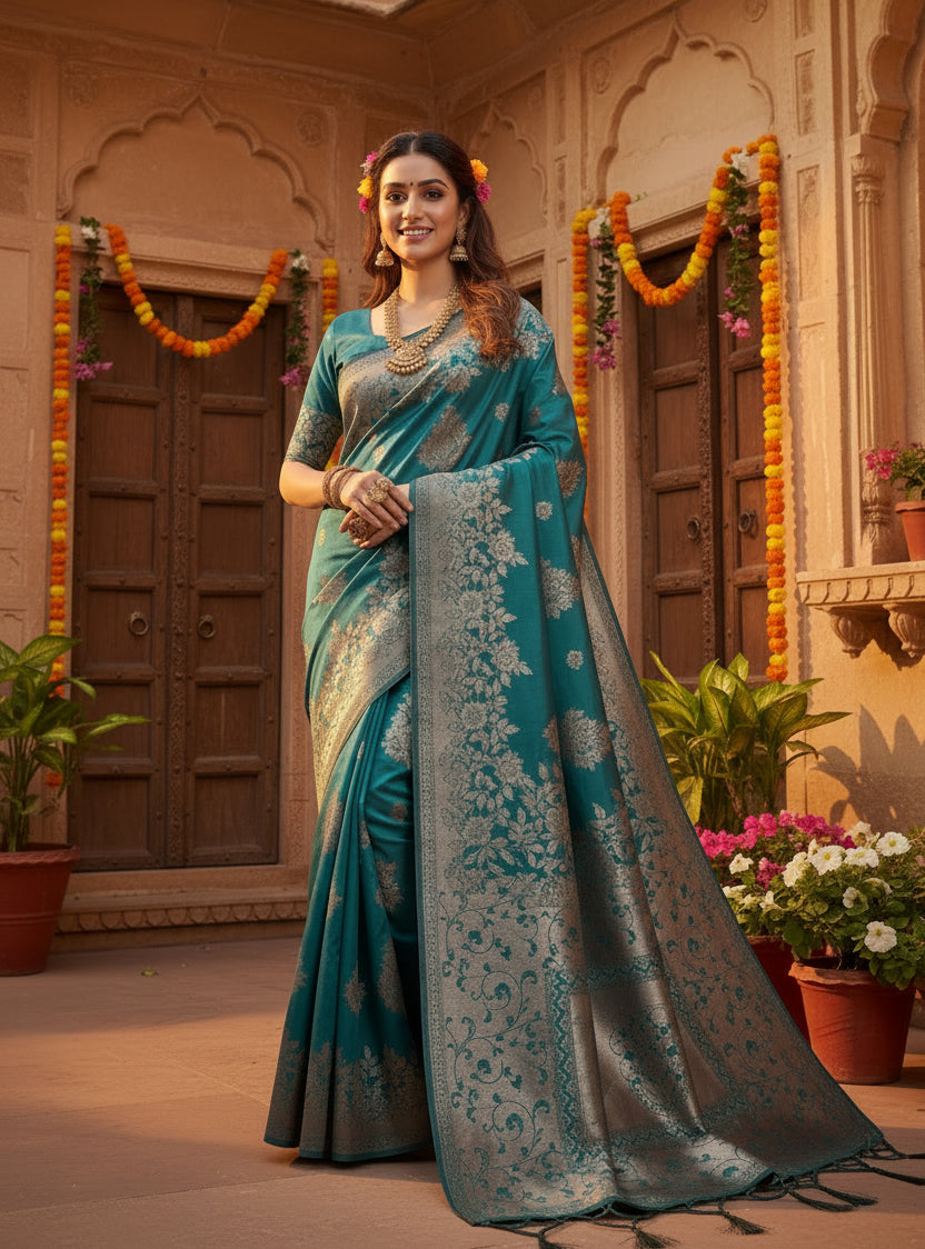 Women's silk blend printed saree with unstitched blouse 5