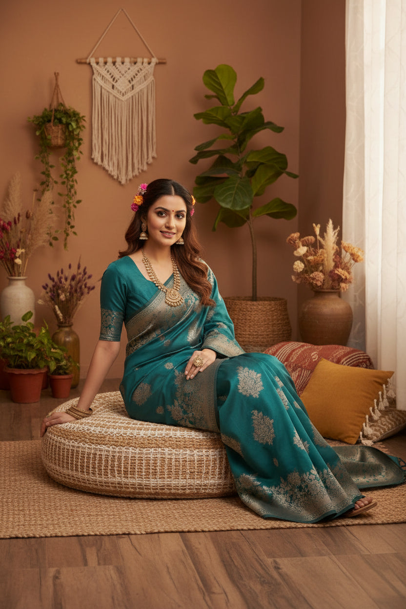 Women's Silk Blend Printed Saree With Unstitched Blouse 5.5Mtr (Sea Green)