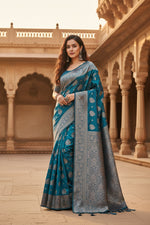 Load image into Gallery viewer, Women's Banarasi Silk Printed Saree With Unstitched Blouse 5.5Mtr (Teal Blue)
