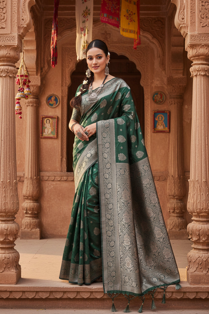 Women's Banarasi Silk Printed Saree With Unstitched Blouse 5.5Mtr (Dark Green)