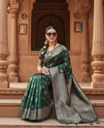 Load image into Gallery viewer, Women's Banarasi Silk Printed Saree With Unstitched Blouse 5.5Mtr (Dark Green)
