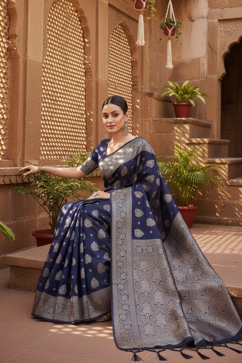 Women's banarasi silk printed saree with unstitched blouse 5