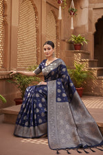 Load image into Gallery viewer, Women's Banarasi Silk Printed Saree With Unstitched Blouse 5.5Mtr (Navy Blue)
