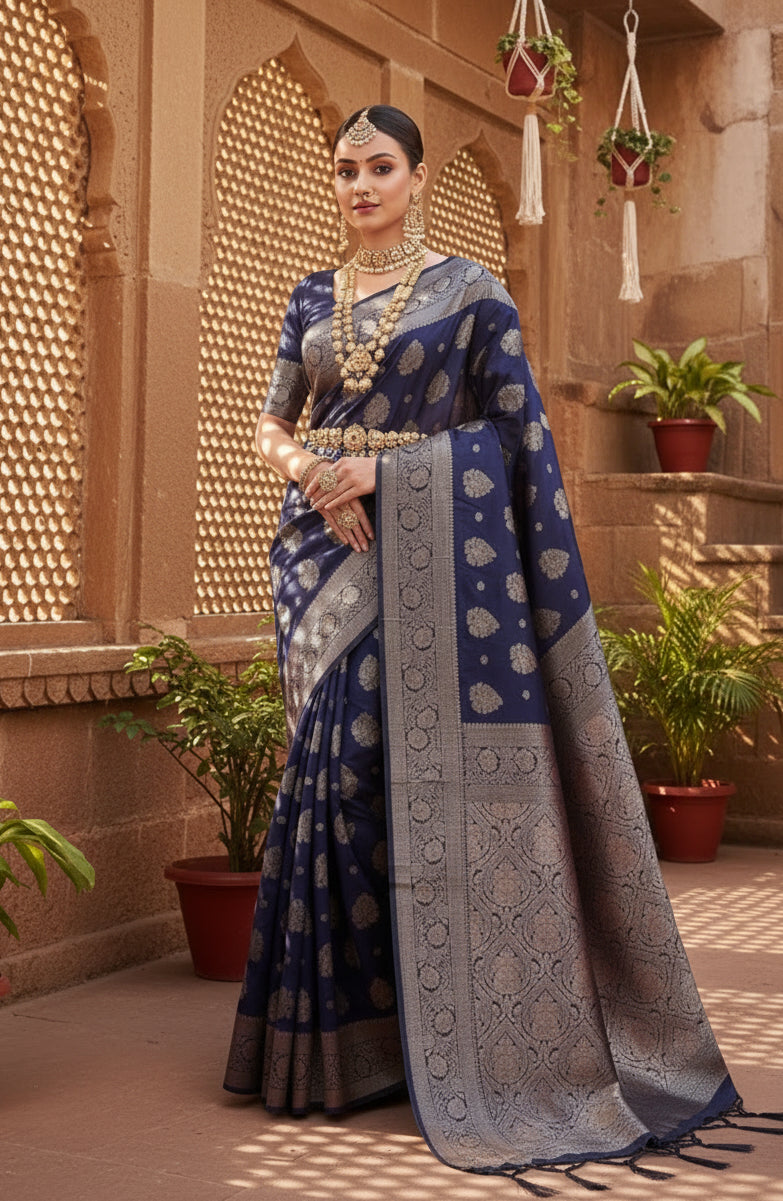 Women's Banarasi Silk Printed Saree With Unstitched Blouse 5.5Mtr (Navy Blue)
