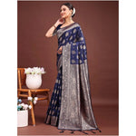 Load image into Gallery viewer, Women's Banarasi Silk Printed Saree With Unstitched Blouse 5.5Mtr (Navy Blue)
