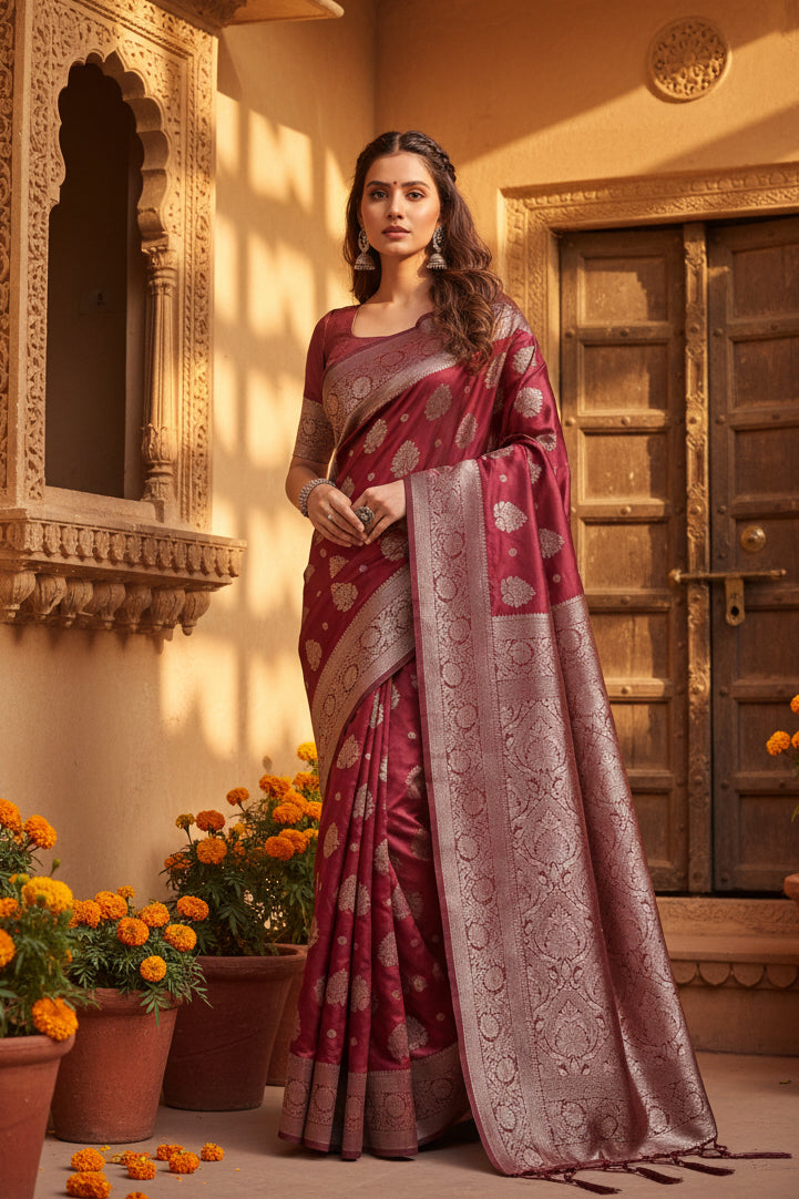Women's banarasi silk printed saree with unstitched blouse 5