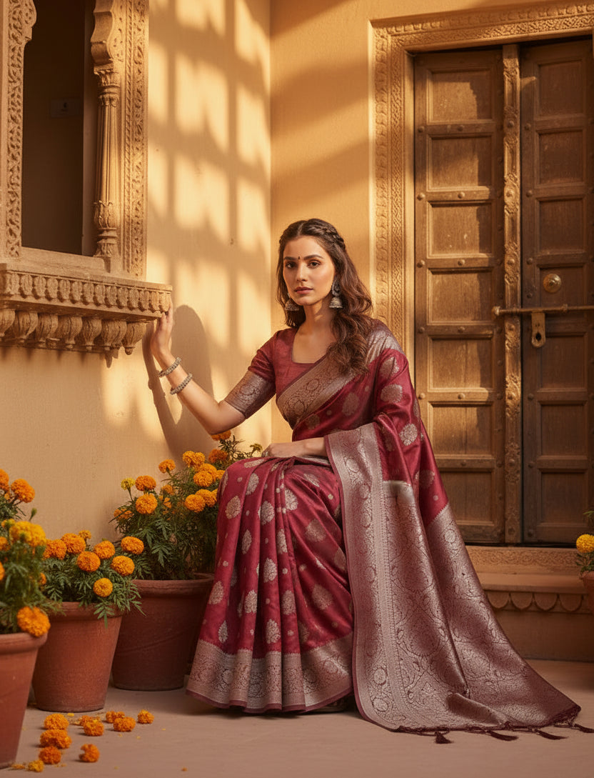 Women's Banarasi Silk Printed Saree With Unstitched Blouse 5.5Mtr (Maroon)