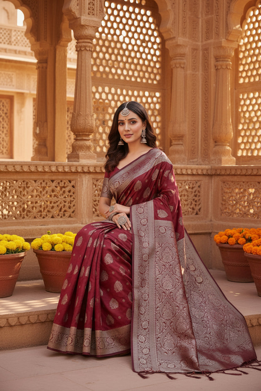 Women's Banarasi Silk Printed Saree With Unstitched Blouse 5.5Mtr (Maroon)