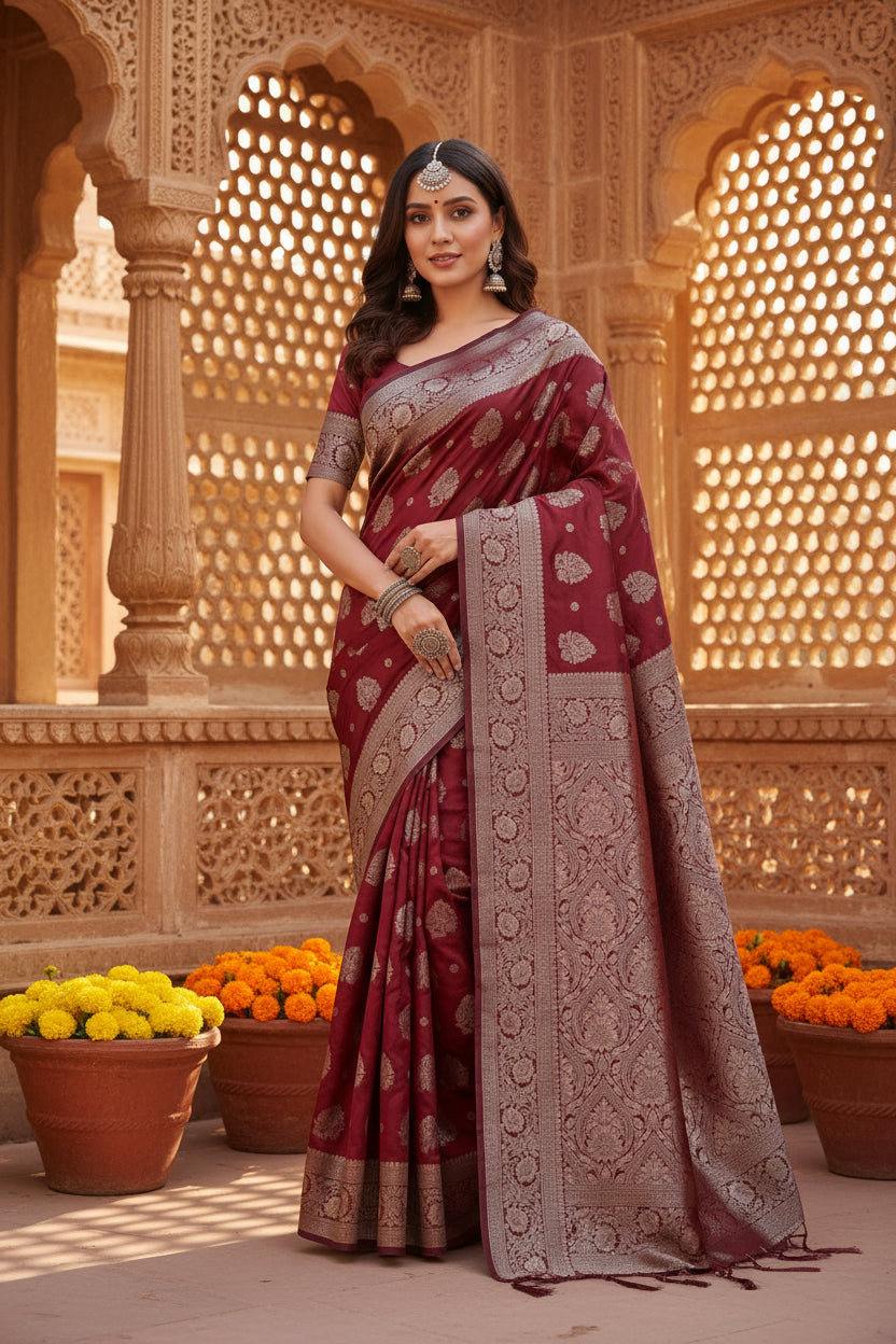 Women's Banarasi Silk Printed Saree With Unstitched Blouse 5.5Mtr (Maroon)