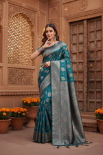 Load image into Gallery viewer, Women's Banarasi Silk Printed Saree With Unstitched Blouse 5.5Mtr (Sea Green)
