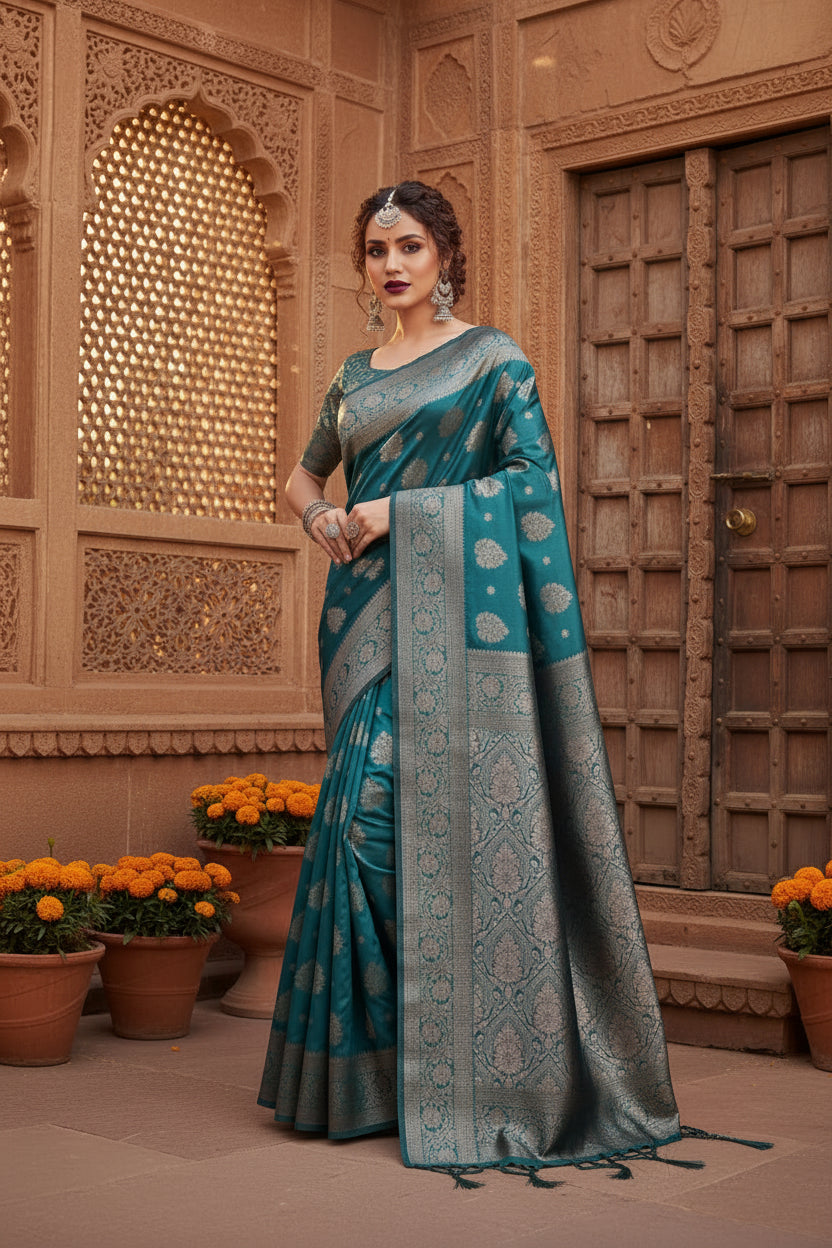 Women's Banarasi Silk Printed Saree With Unstitched Blouse 5.5Mtr (Sea Green)