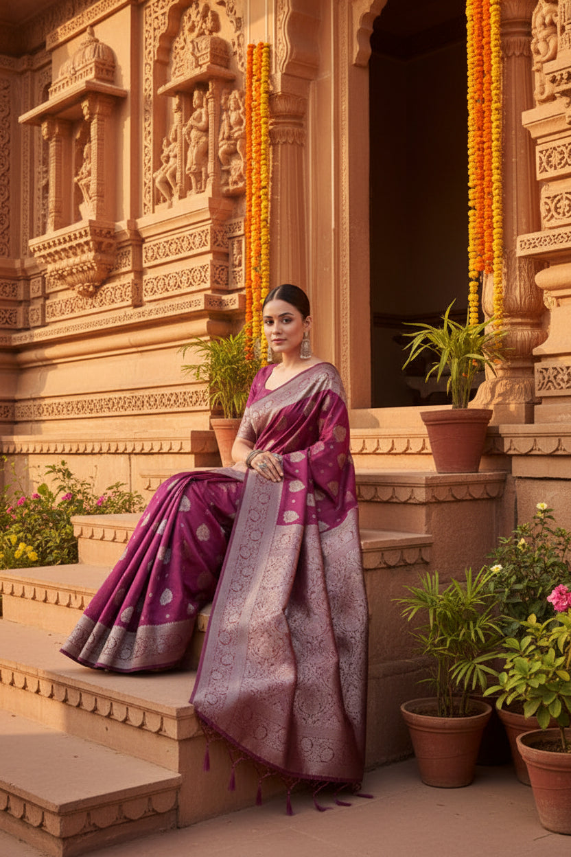 Women's banarasi silk printed saree with unstitched blouse 5