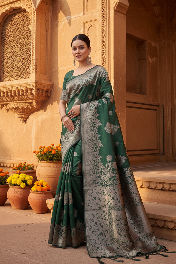 Women's Banarasi Silk Printed Saree With Unstitched Blouse 5.5Mtr (Dark Green)
