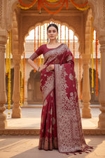 Load image into Gallery viewer, Women's Banarasi Silk Printed Saree With Unstitched Blouse 5.5Mtr (Maroon)
