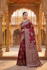 Load image into Gallery viewer, Women's Banarasi Silk Printed Saree With Unstitched Blouse 5.5Mtr (Maroon)
