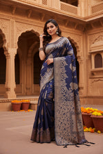 Load image into Gallery viewer, Women's Banarasi Silk Printed Saree With Unstitched Blouse 5.5Mtr (Navy Blue)
