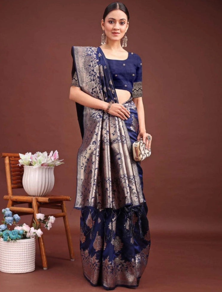 Women's Banarasi Silk Printed Saree With Unstitched Blouse 5.5Mtr (Navy Blue)