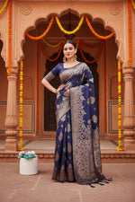 Load image into Gallery viewer, Women's Banarasi Silk Printed Saree With Unstitched Blouse 5.5Mtr (Navy Blue)
