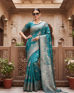 Load image into Gallery viewer, Women's Banarasi Silk Printed Saree With Unstitched Blouse 5.5Mtr (Sea Green)
