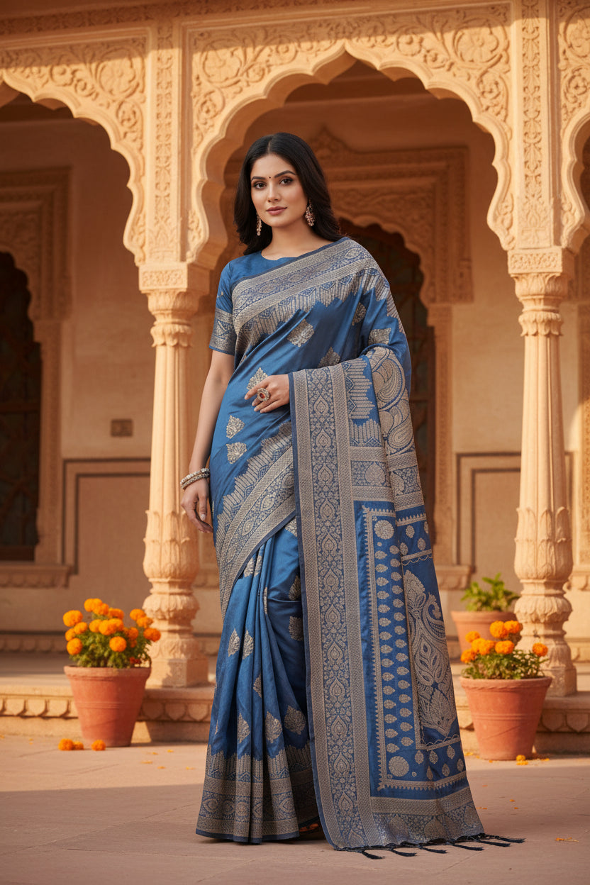 Women's Silk Blend Printed Saree With Unstitched Blouse 5.5Mtr (Sky Blue)