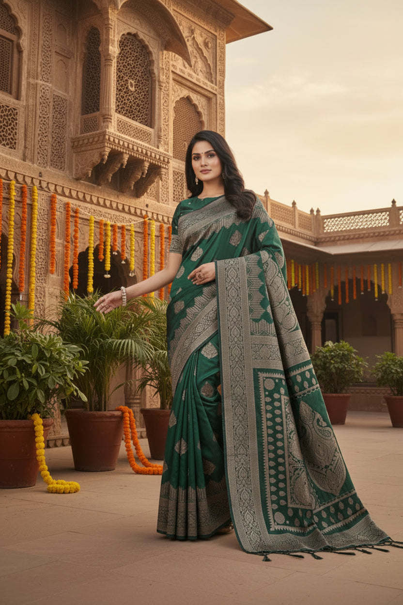 Women's Silk Blend Printed Saree With Unstitched Blouse 5.5Mtr (Green)