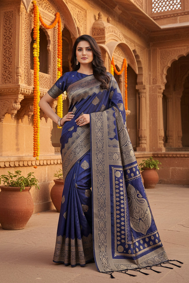 Women's silk blend printed saree with unstitched blouse 5