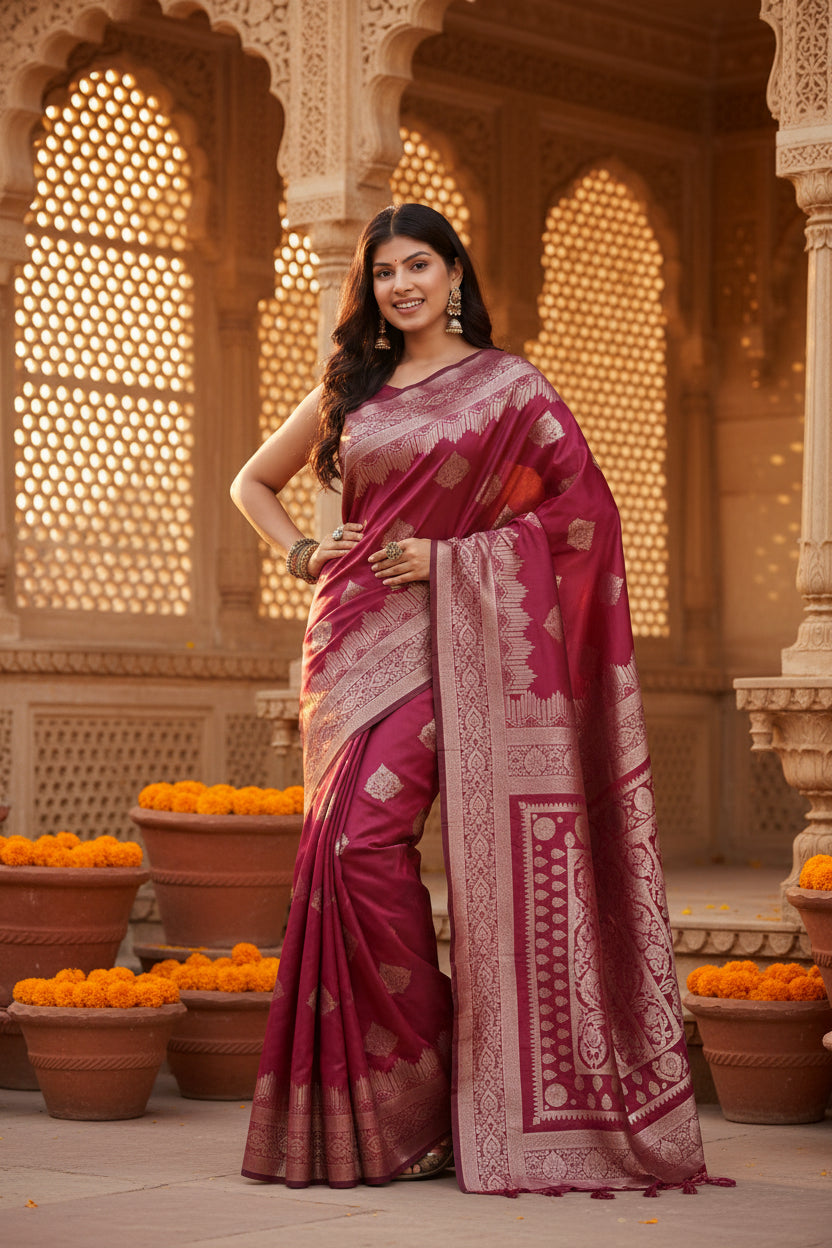 Women's Banarasi Silk Printed Saree With Unstitched Blouse 5.5Mtr (Magenta)