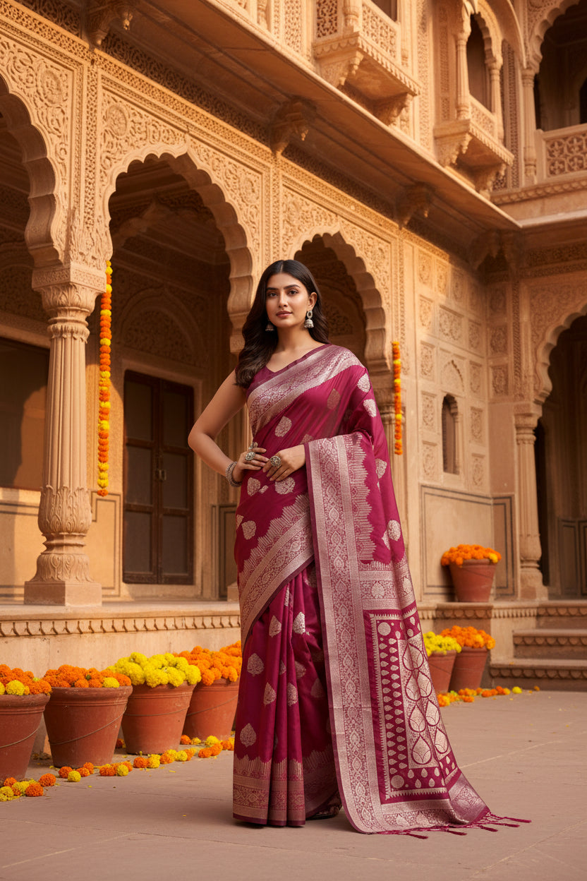 Women's banarasi silk printed saree with unstitched blouse 5