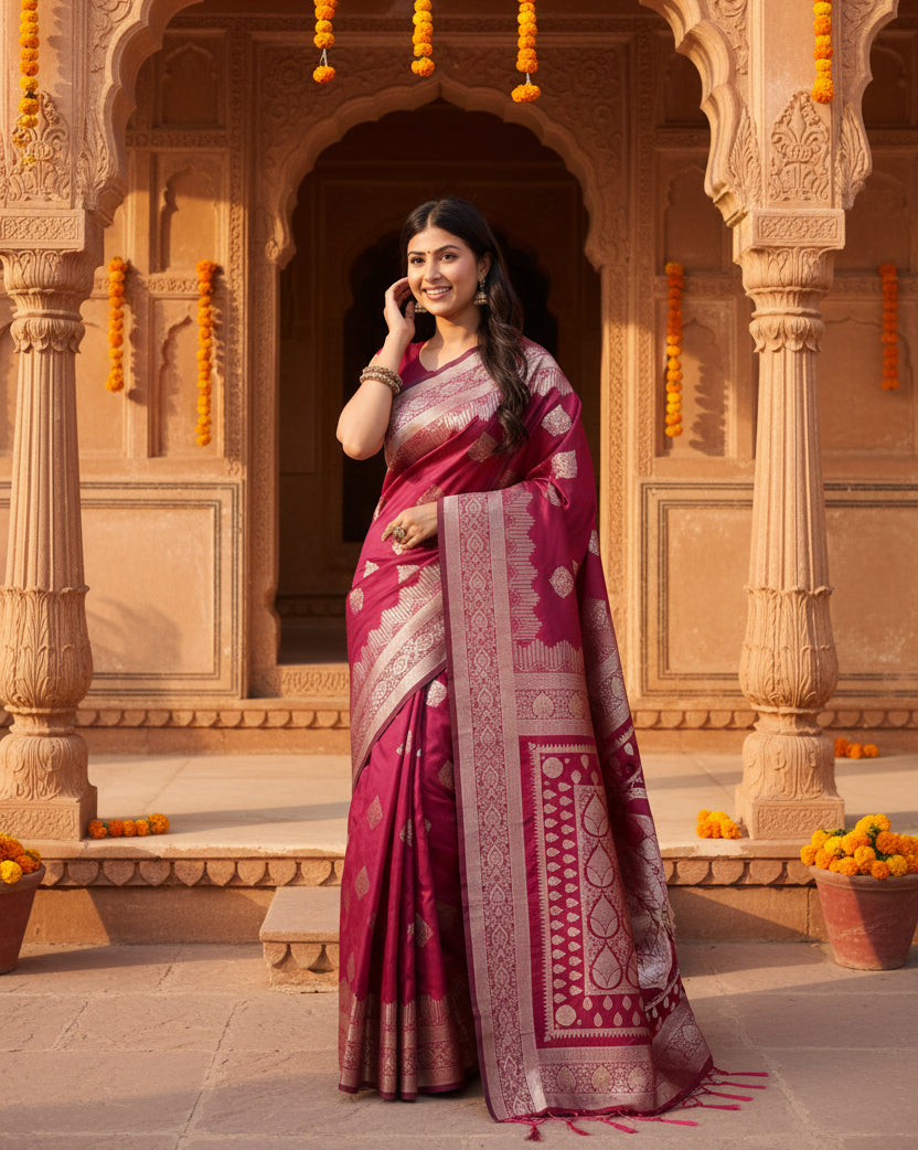Women's Banarasi Silk Printed Saree With Unstitched Blouse 5.5Mtr (Magenta)