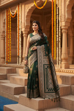 Load image into Gallery viewer, Women's Banarasi Silk Printed Saree With Unstitched Blouse 5.5Mtr (Green)
