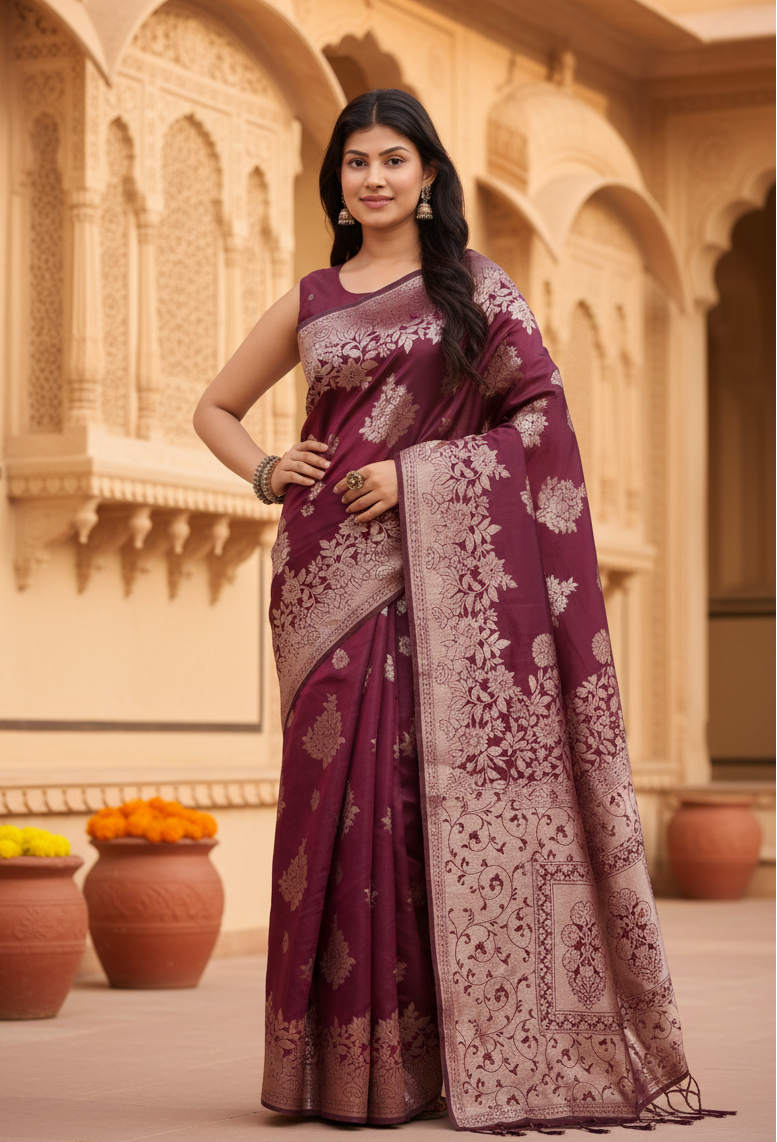 Women's Banarasi Silk Printed Saree With Unstitched Blouse 5.5Mtr (Maroon)