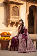 Load image into Gallery viewer, Women's Banarasi Silk Printed Saree With Unstitched Blouse 5.5Mtr (Maroon)
