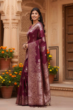 Load image into Gallery viewer, Women's Banarasi Silk Printed Saree With Unstitched Blouse 5.5Mtr (Maroon)
