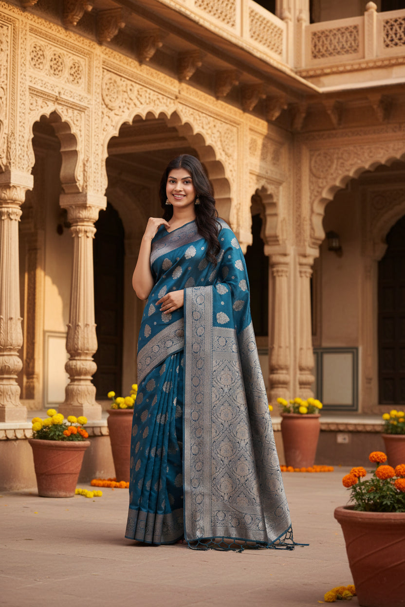 Women's Banarasi Silk Printed Saree With Unstitched Blouse 5.5Mtr (Teal Blue)
