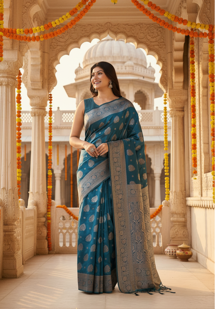 Women's Banarasi Silk Printed Saree With Unstitched Blouse 5.5Mtr (Teal Blue)