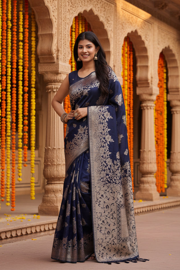 Women's Banarasi Silk Printed Saree With Unstitched Blouse 5.5Mtr (Navy Blue)
