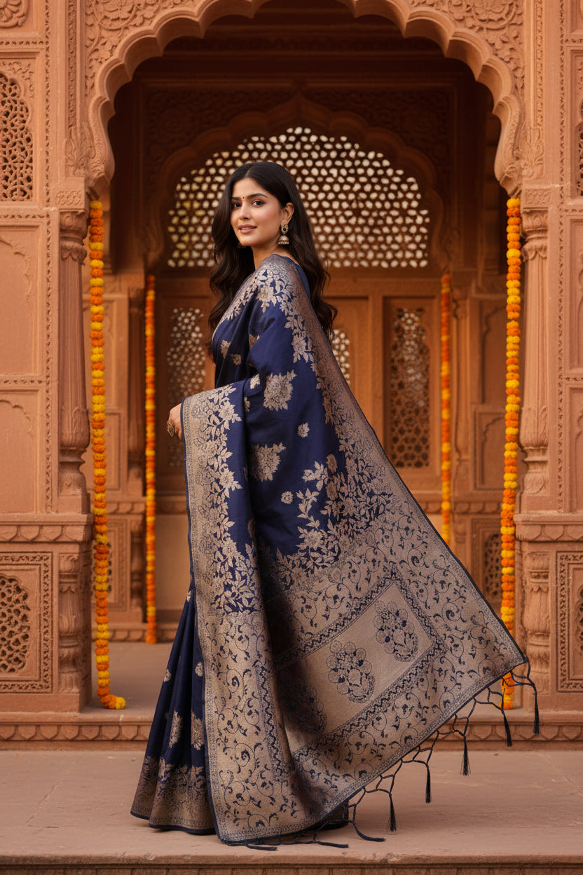 Women's banarasi silk printed saree with unstitched blouse 5