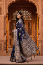 Load image into Gallery viewer, Women's Banarasi Silk Printed Saree With Unstitched Blouse 5.5Mtr (Navy Blue)
