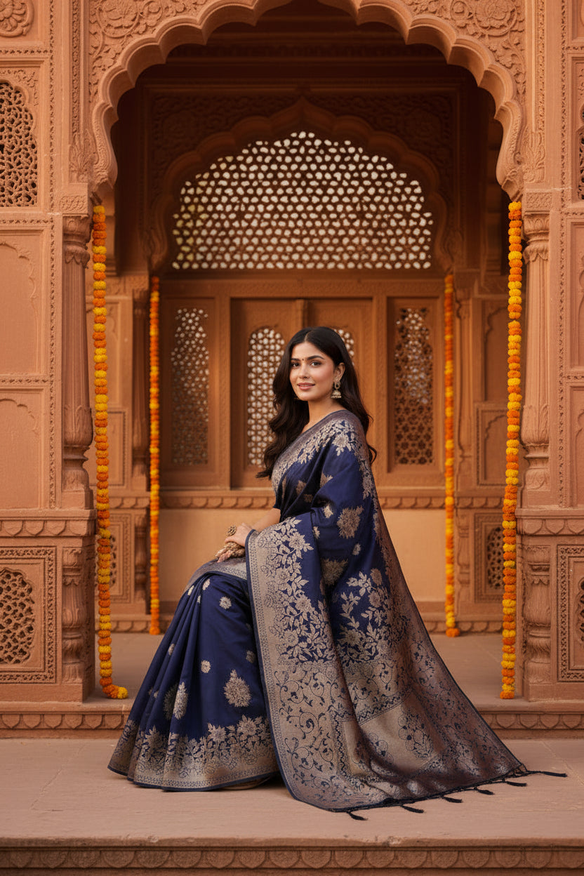 Women's Banarasi Silk Printed Saree With Unstitched Blouse 5.5Mtr (Navy Blue)