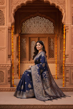 Load image into Gallery viewer, Women's Banarasi Silk Printed Saree With Unstitched Blouse 5.5Mtr (Navy Blue)
