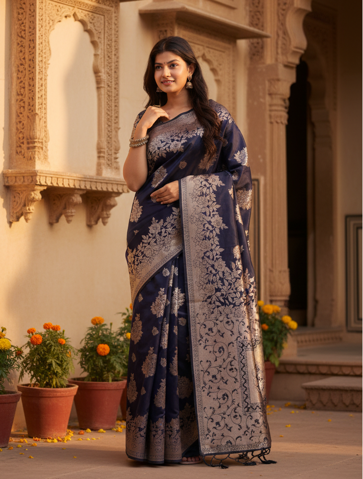 Women's Banarasi Silk Printed Saree With Unstitched Blouse 5.5Mtr (Navy Blue)
