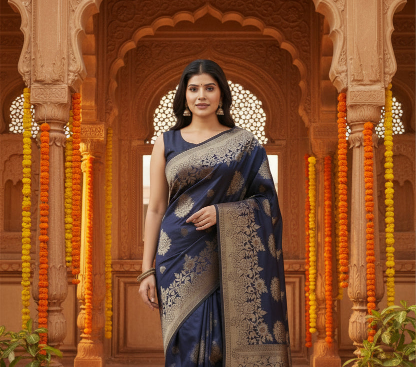 Women's Banarasi Silk Printed Saree With Unstitched Blouse 5.5Mtr (Navy Blue)